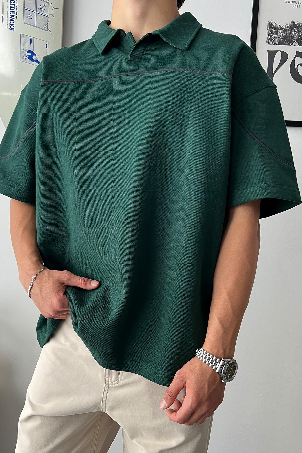 Biye Geçiş Polo Yaka Green Oversize T-Shirt