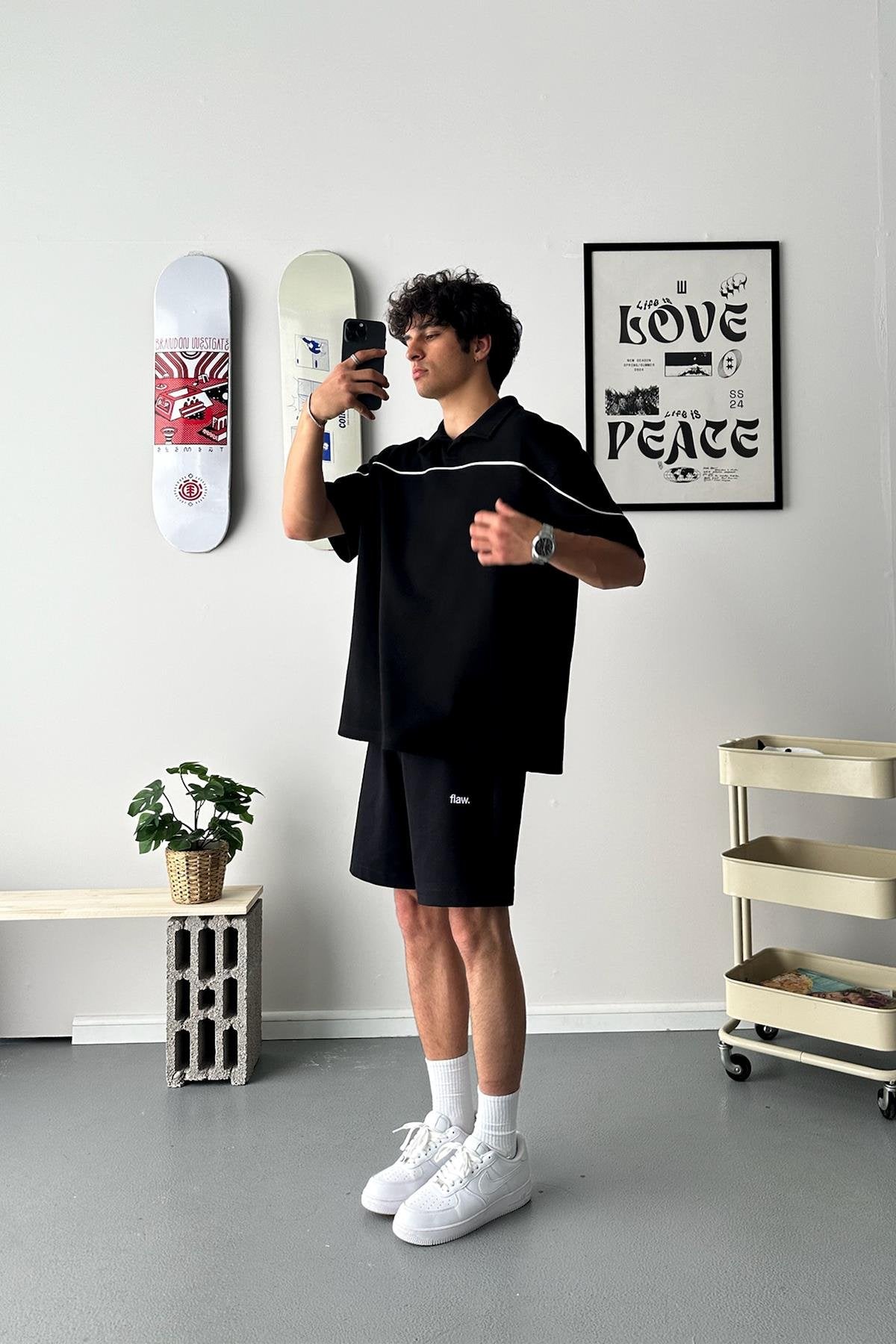 Biye Geçiş Polo Yaka Black Oversize T-Shirt