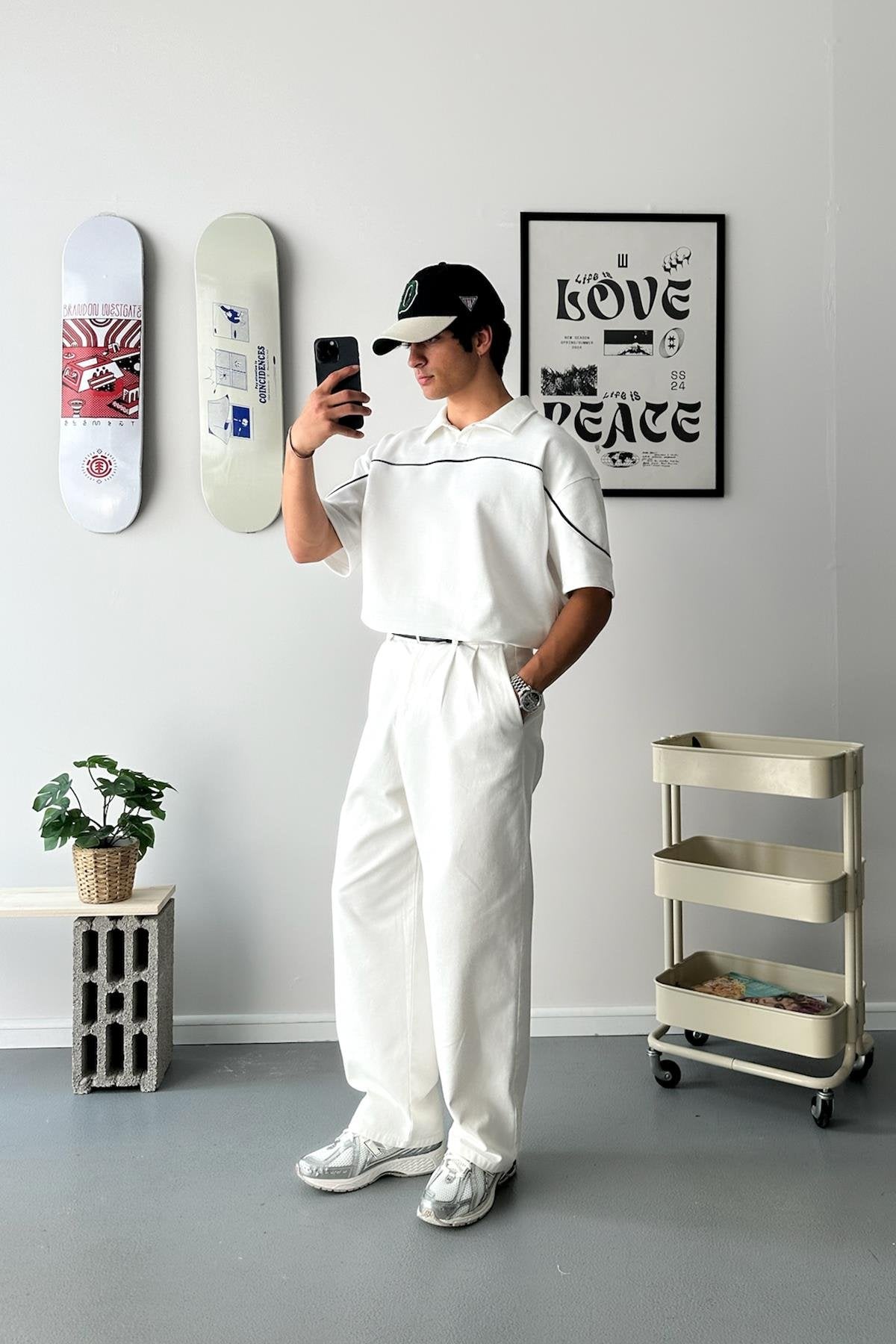 Biye Geçiş Polo Yaka White Oversize T-Shirt