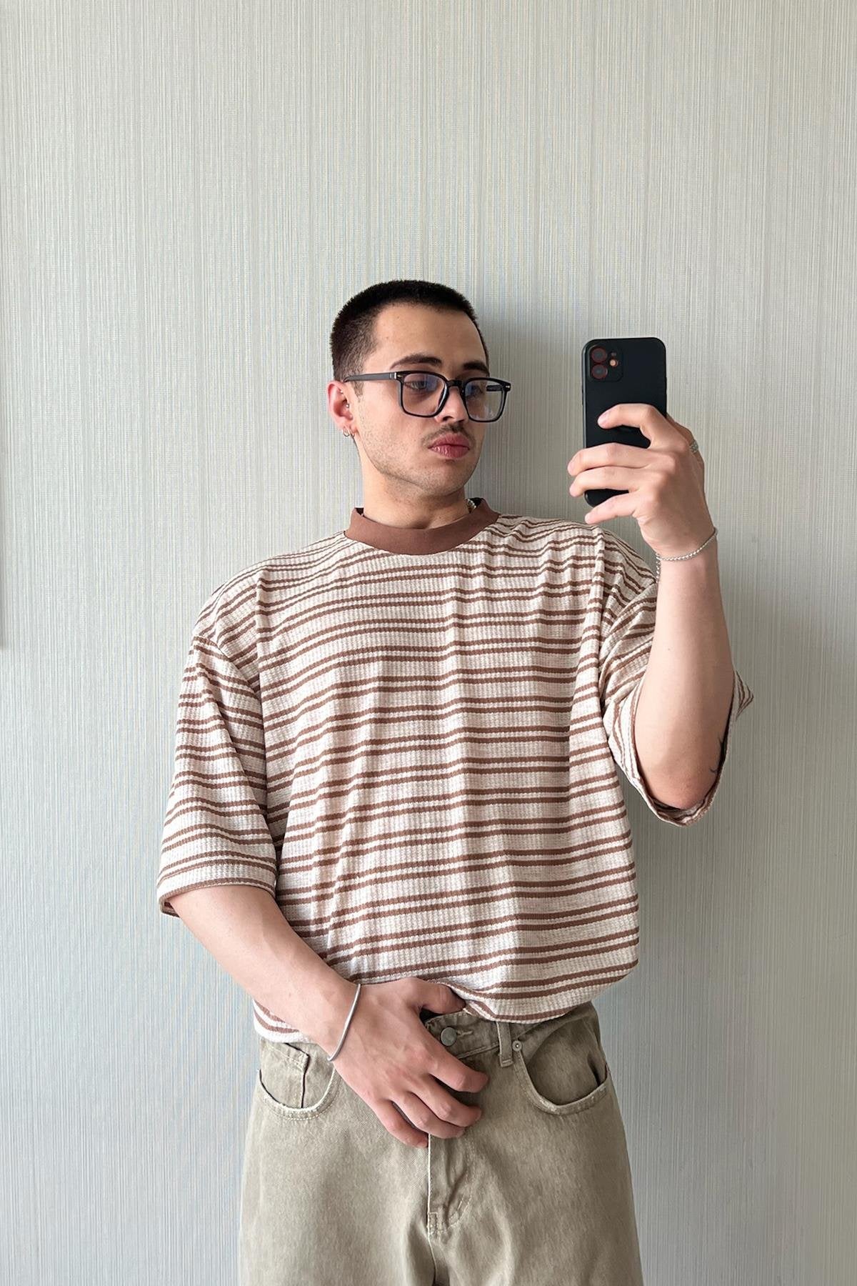 Double Striped Knit Brown Oversize T-Shirt