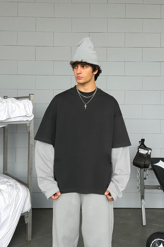 Double Sleeve Anthracite-Gray Basic Oversize Long Sleeve T-Shirt