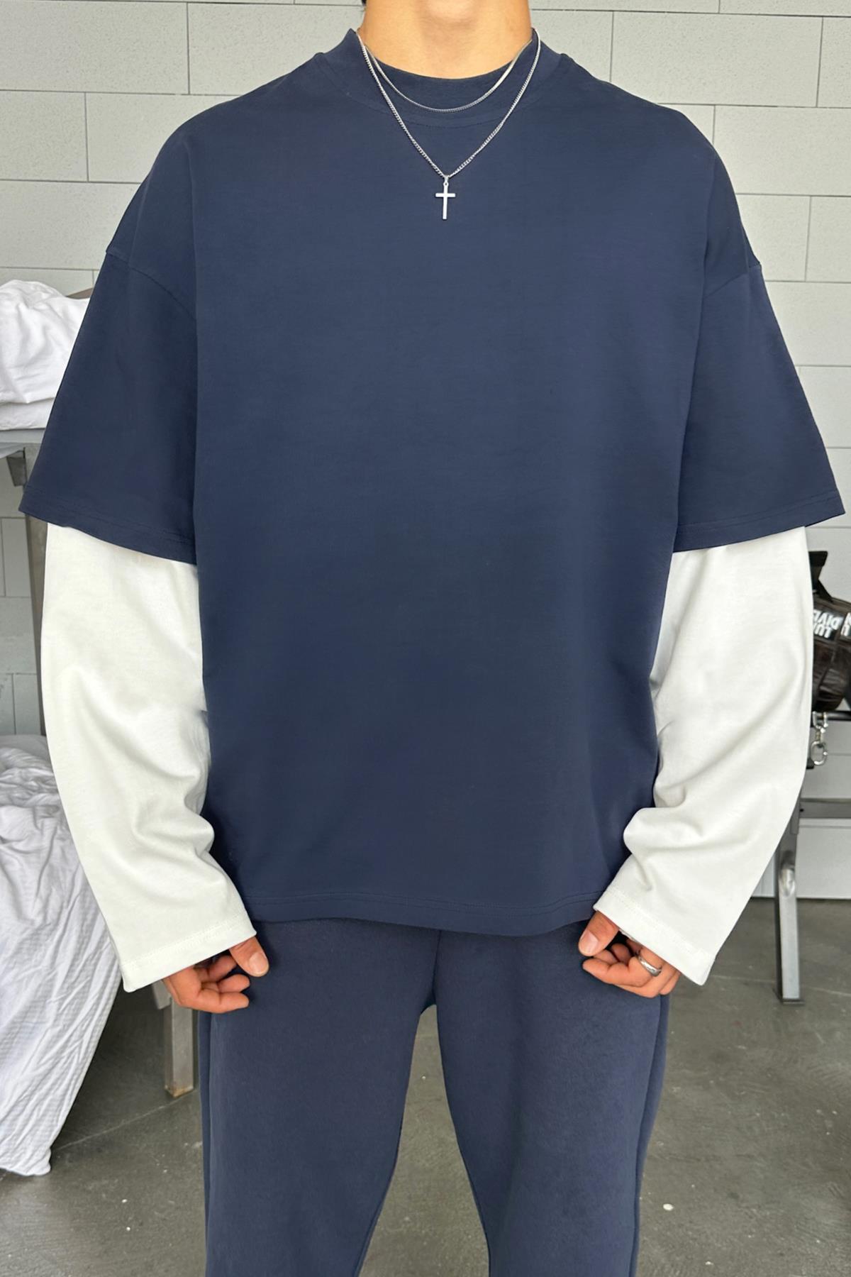 Double Sleeve Navy Ecru Basic Oversize Long Sleeve T-Shirt