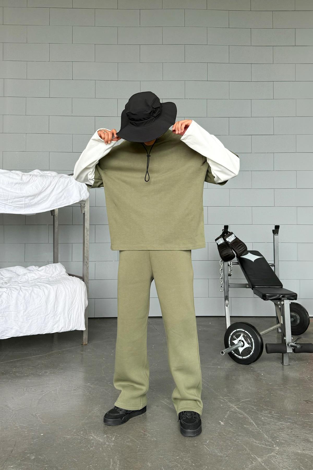 Double-Sleeved Haki-Ekru Basic Oversize Long Sleeve T-Shirt
