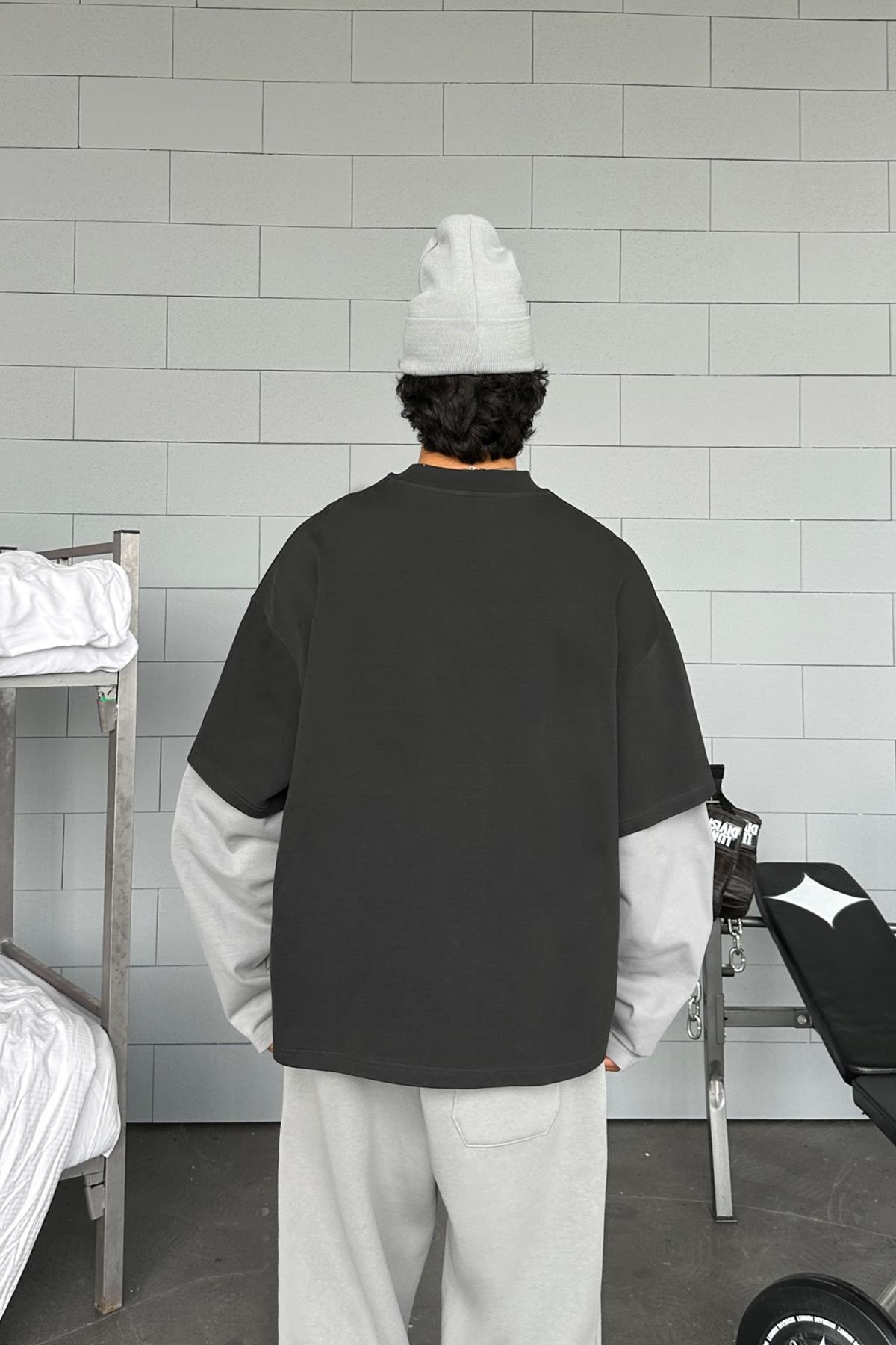 Double Sleeve Anthracite-Gray Basic Oversize Long Sleeve T-Shirt