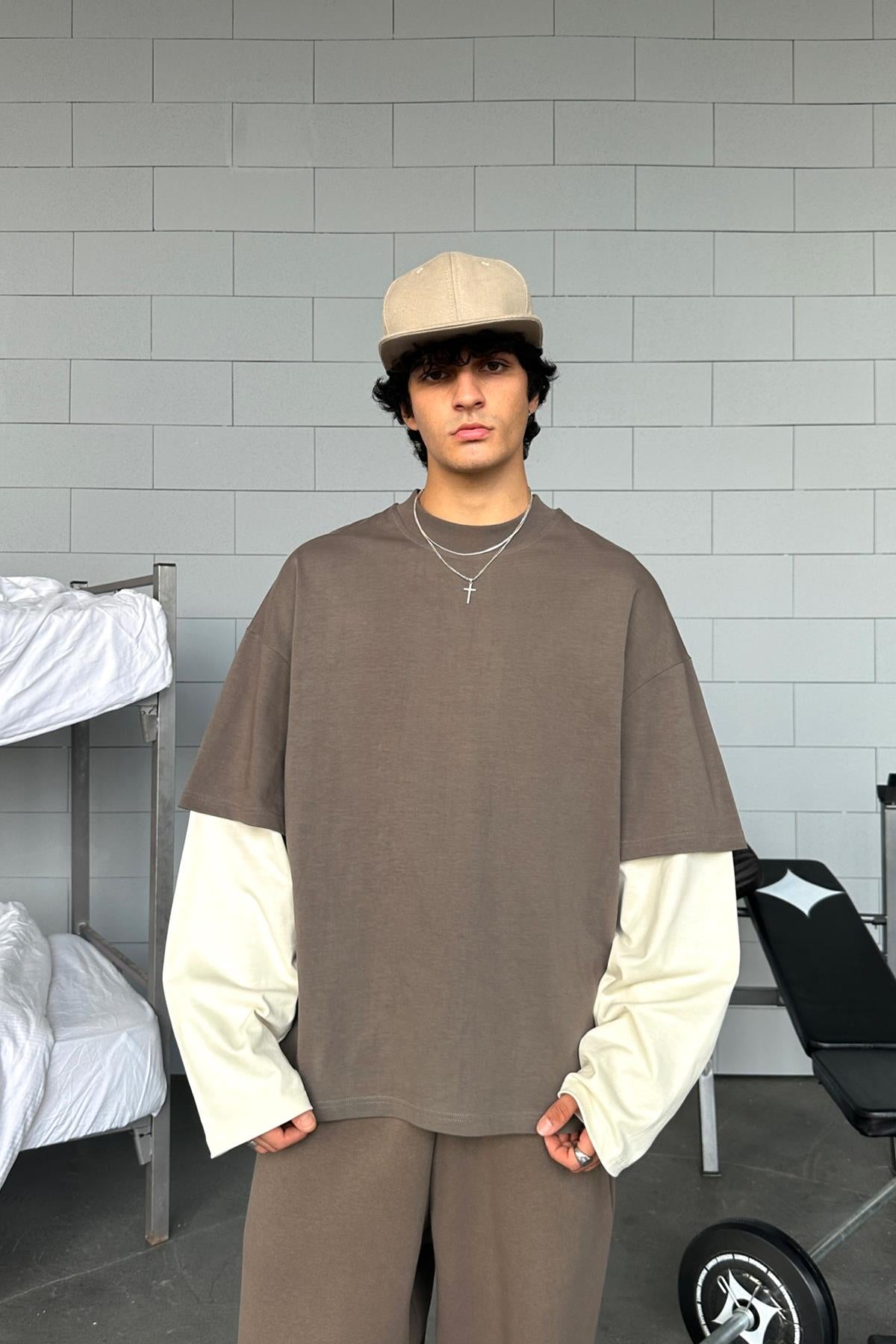 Double-Sleeved Light Brown-Beige Basic Oversize Long Sleeve T-Shirt