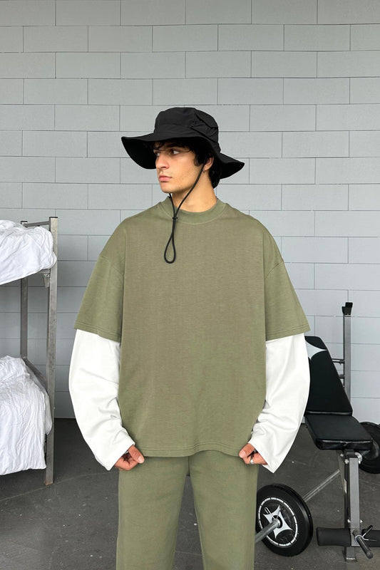 Double-Sleeved Haki-Ekru Basic Oversize Long Sleeve T-Shirt