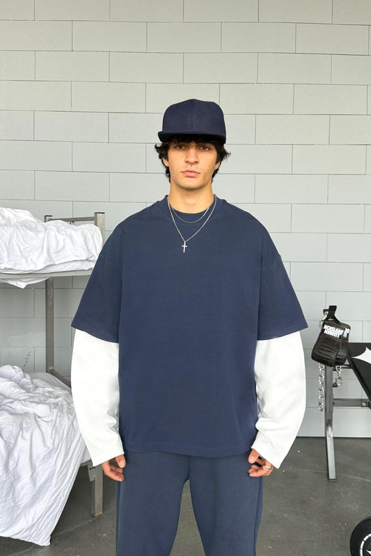 Double Sleeve Navy Ecru Basic Oversize Long Sleeve T-Shirt