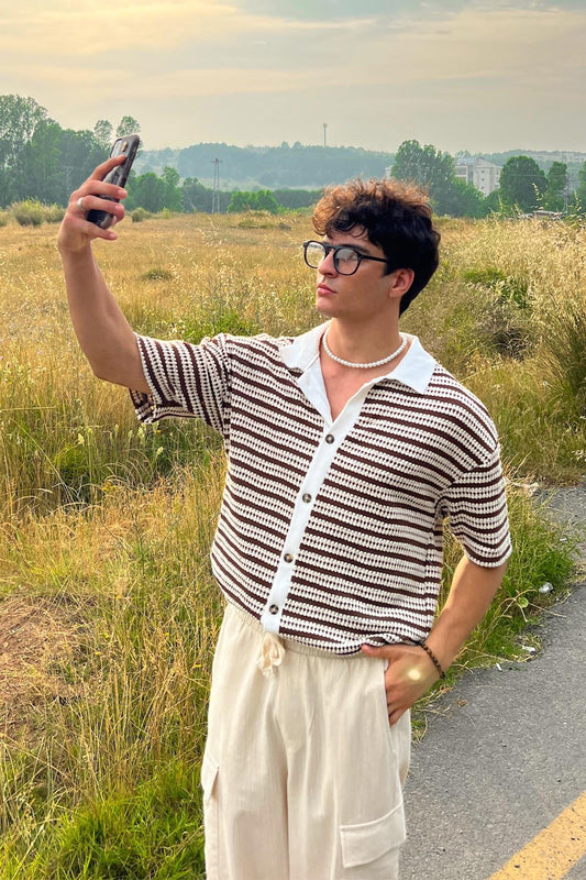 Striped Openwork Brown Oversized Shirt