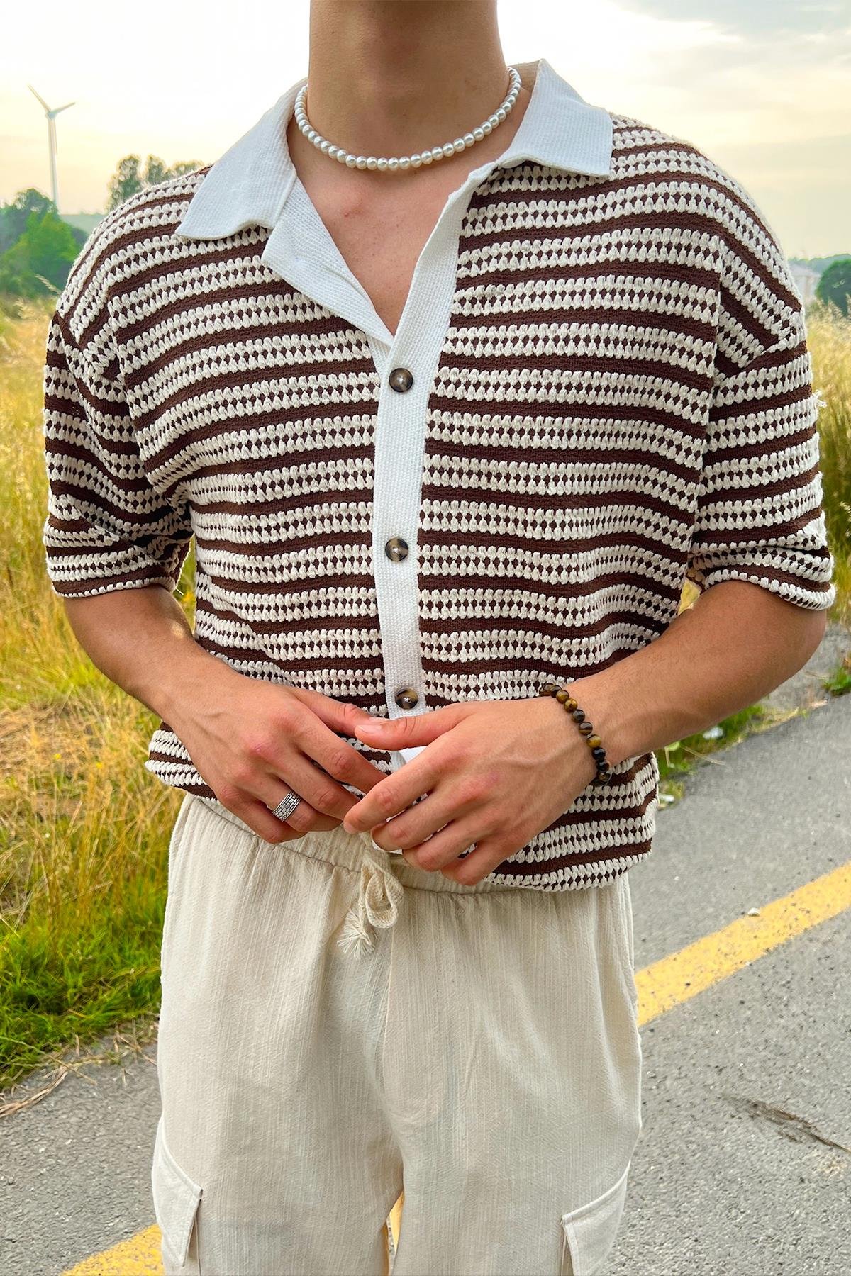 Striped Openwork Brown Oversized Shirt