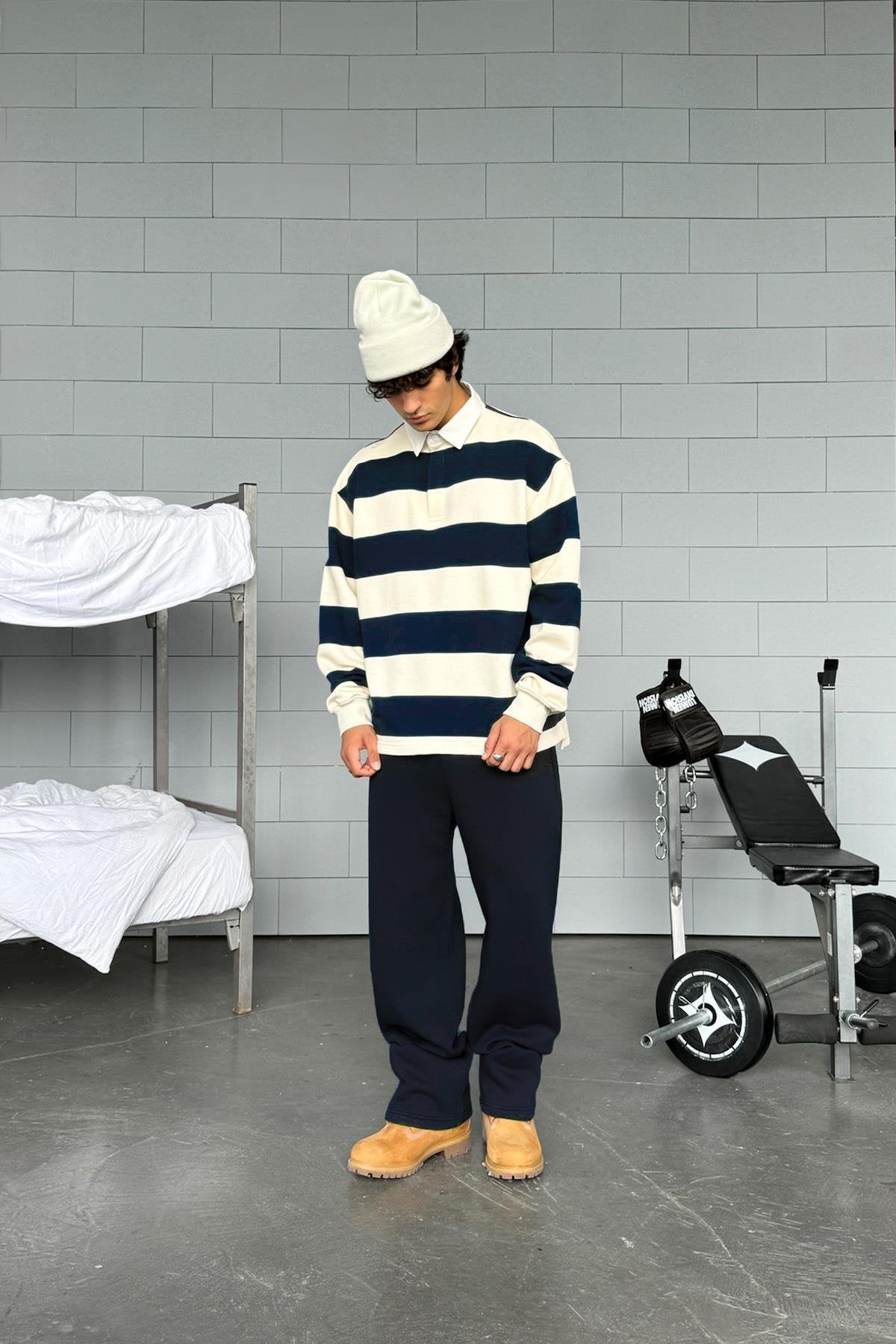 Striped Polo Collar Navy Blue Long Sleeve T-Shirt