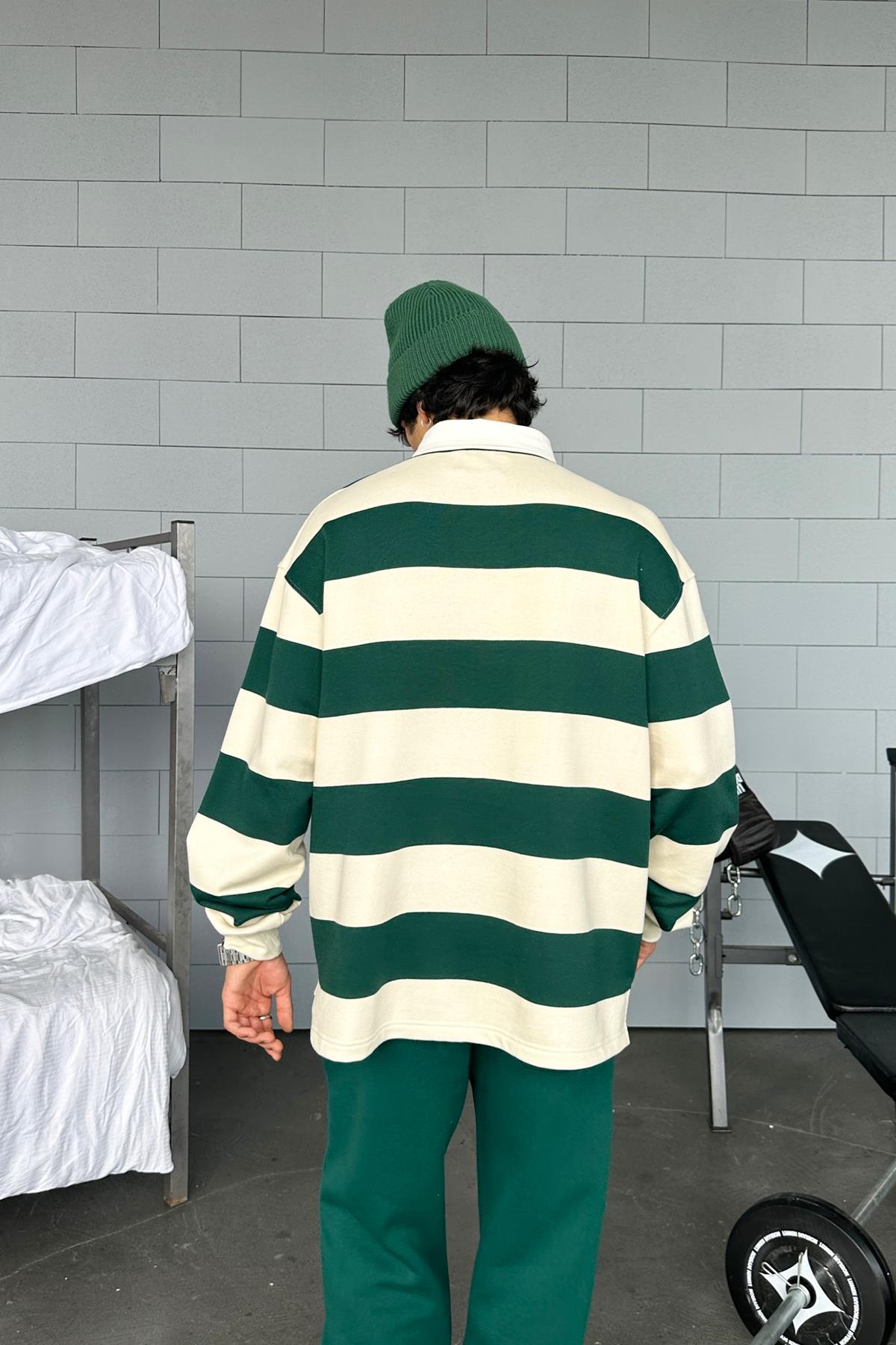 Striped Polo Collar Green Long Sleeve T-Shirt