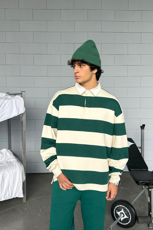 Striped Polo Collar Green Long Sleeve T-Shirt