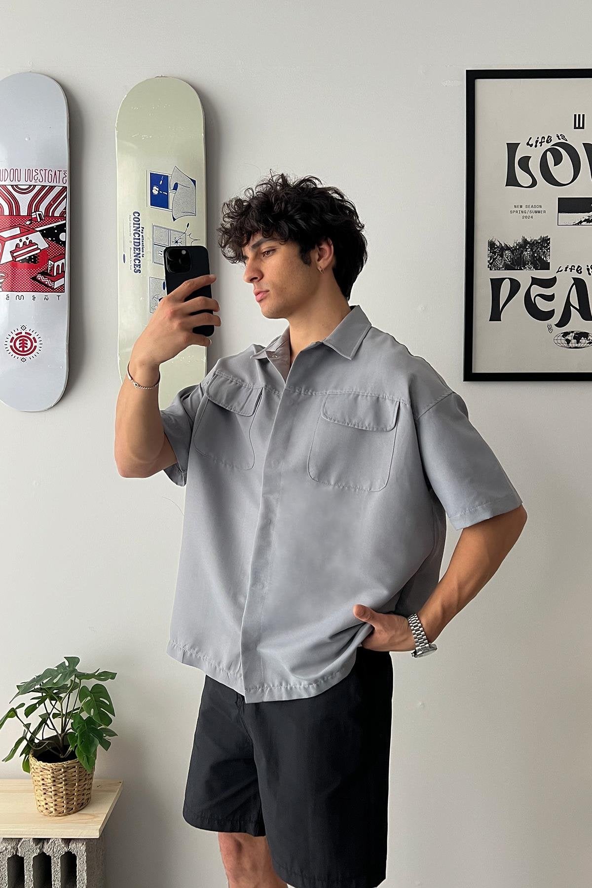 Short Sleeve Ice Grey Oversize Shirt