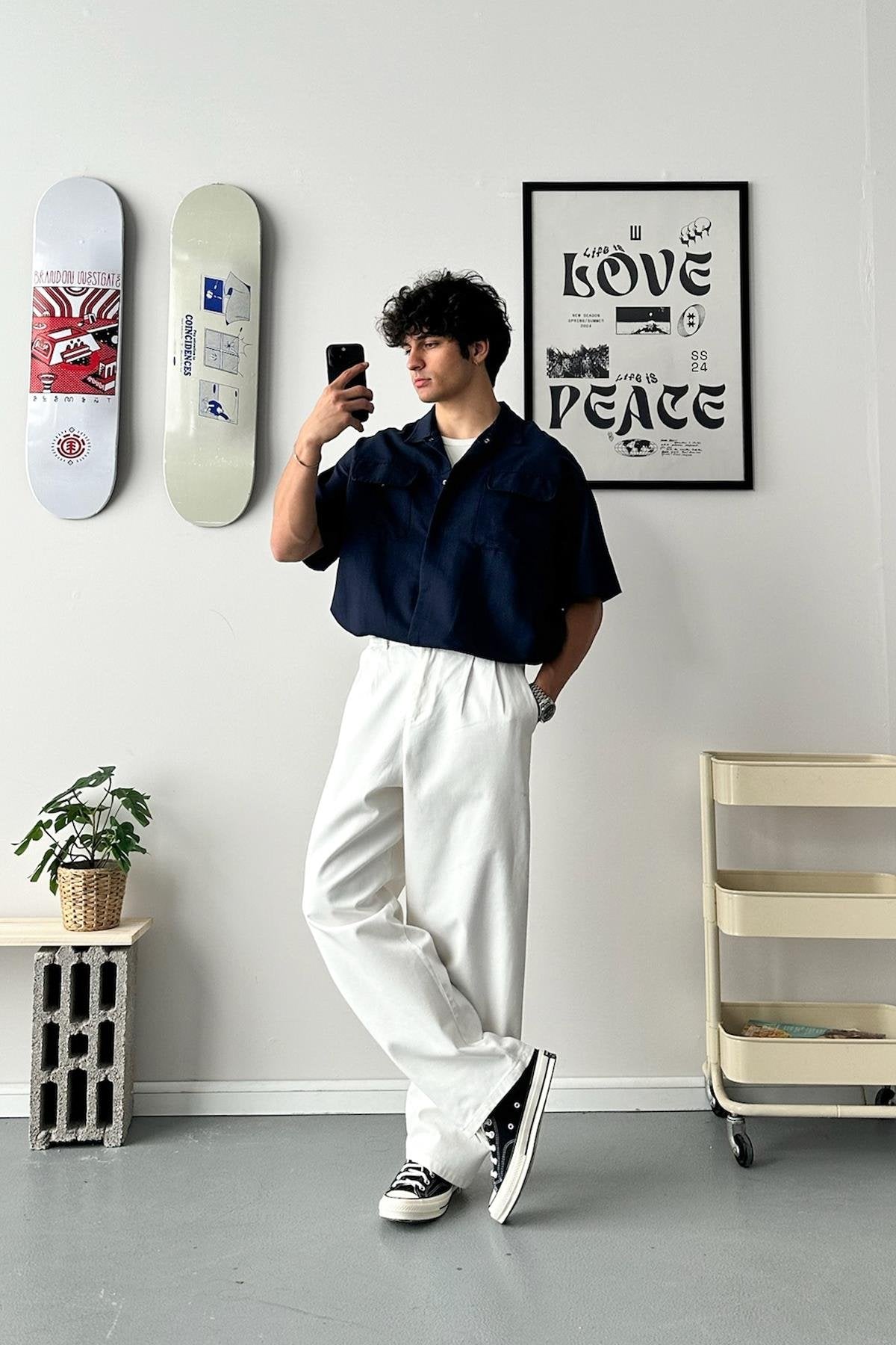 Short Sleeve Navy Blue Oversize Shirt