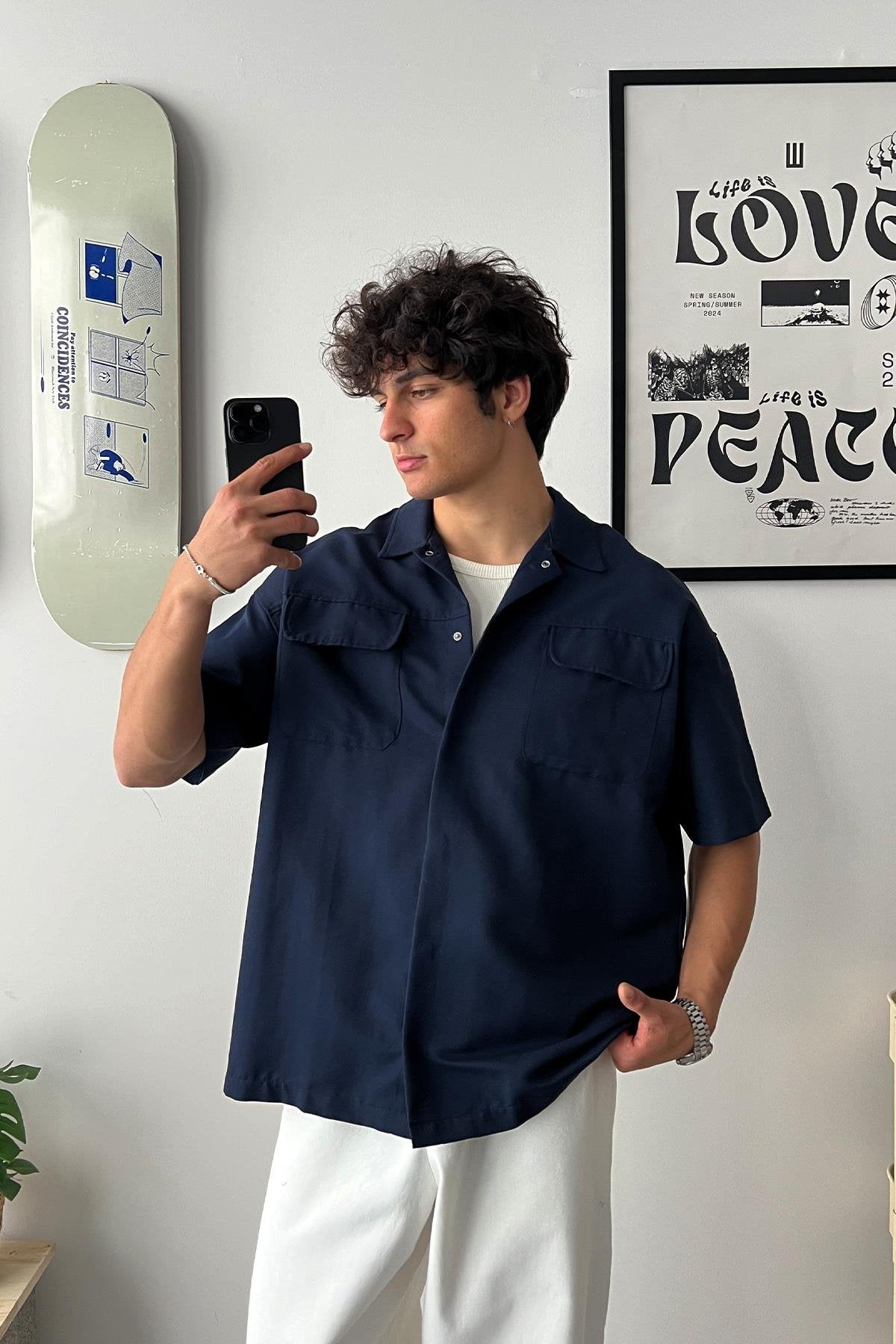 Short Sleeve Navy Blue Oversize Shirt