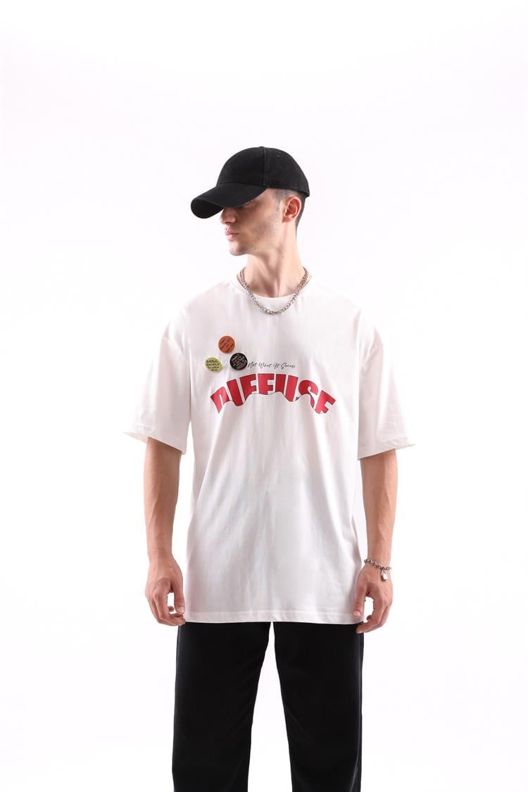 Diffuse Printed Rozet Accessory White Oversize T-shirt