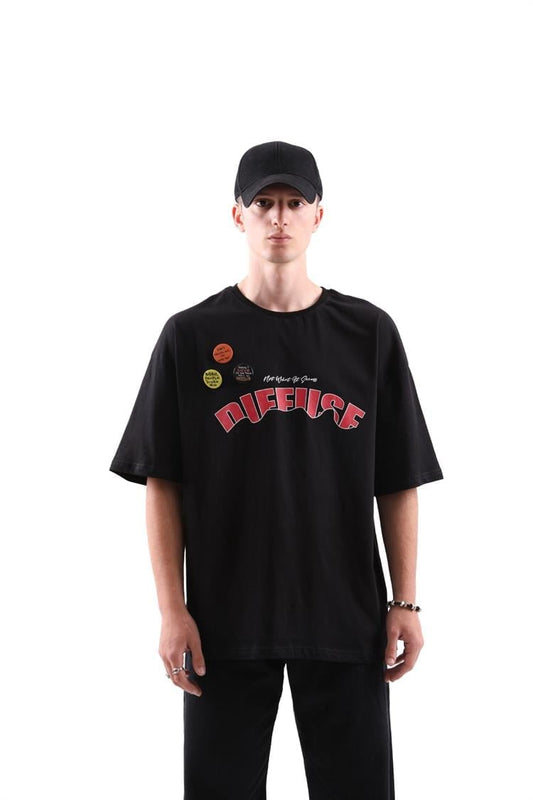 Diffuse Printed Badge Accented Black Oversize T-Shirt