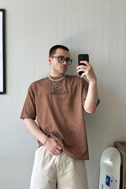 Faint Effect LA Embroidered Brown Oversize T-shirt