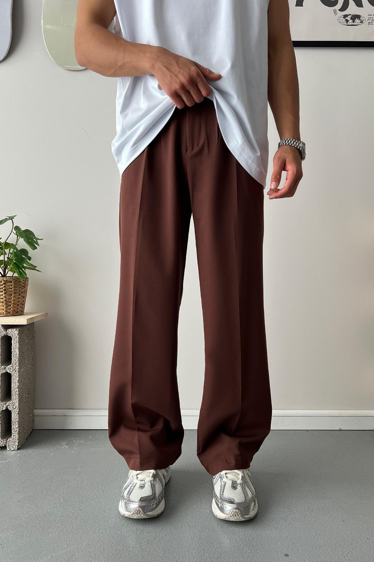 Old Money Extra Relaxed Baggy Fit Brown Fabric Trousers