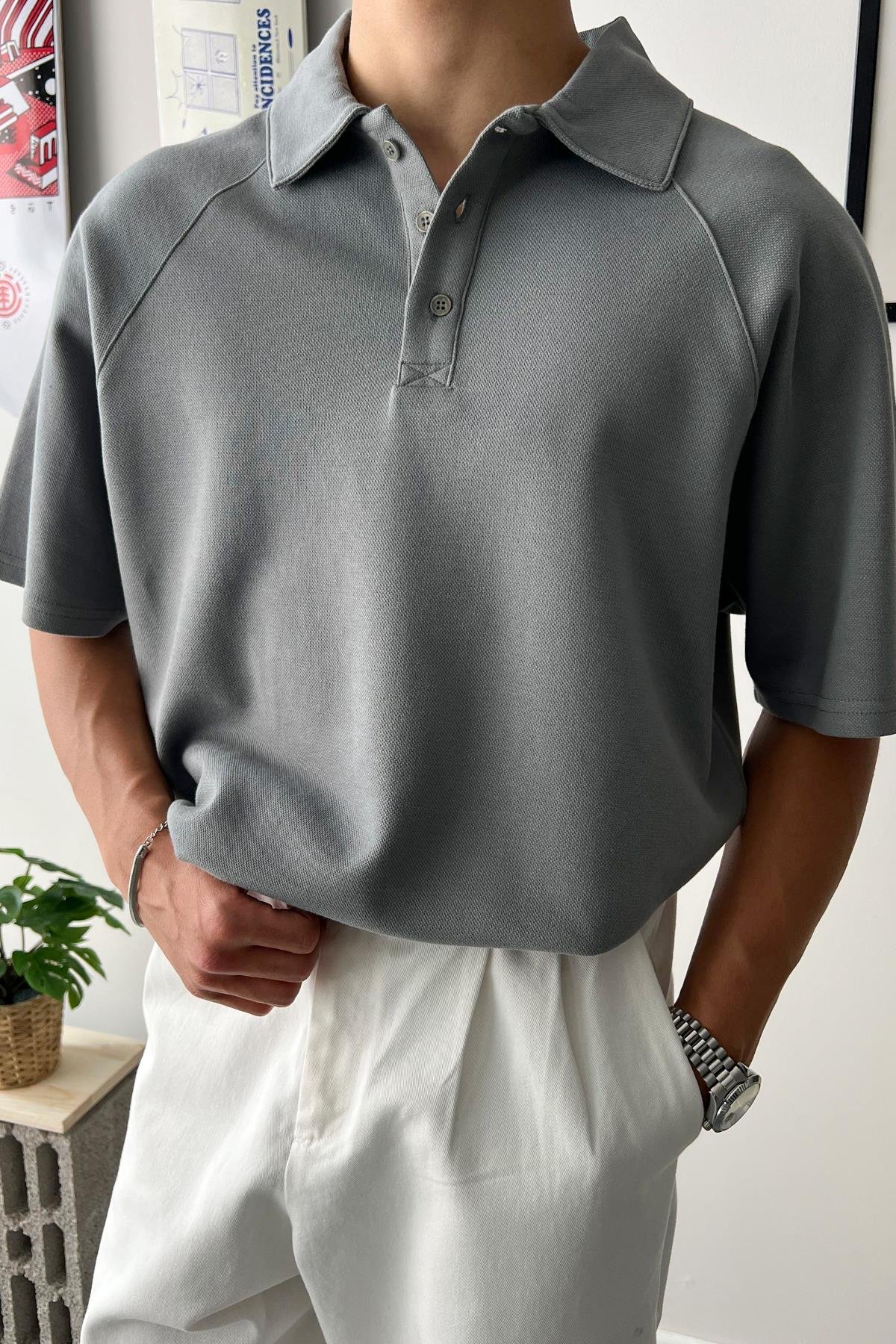 Oversize Anthracite Polo Collar T-Shirt