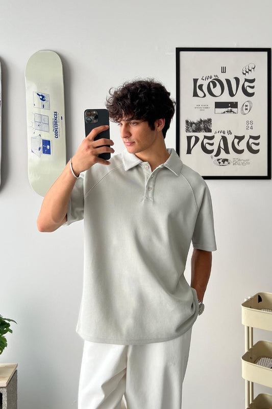 Oversize Ice Gray Polo Collar T-Shirt