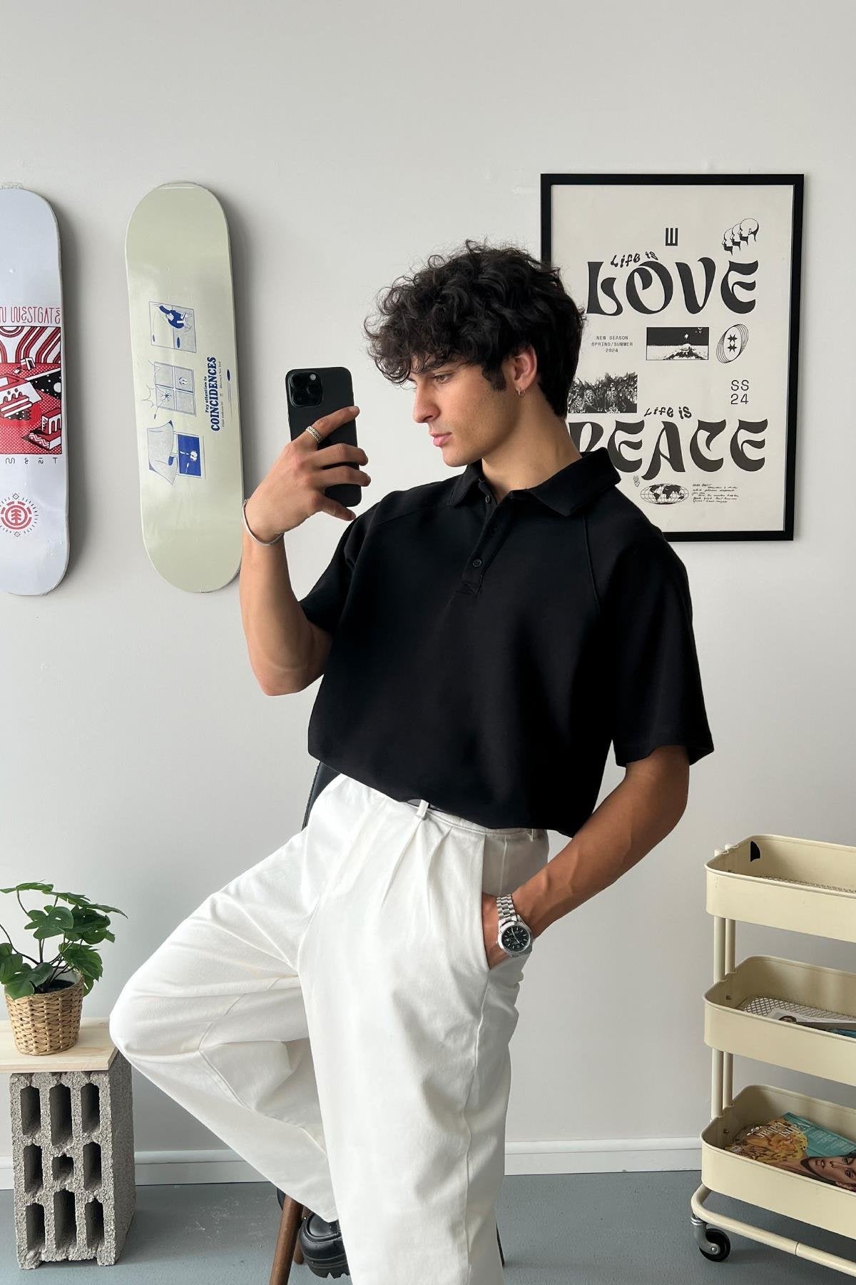 Oversize Black Polo Collar T-Shirt