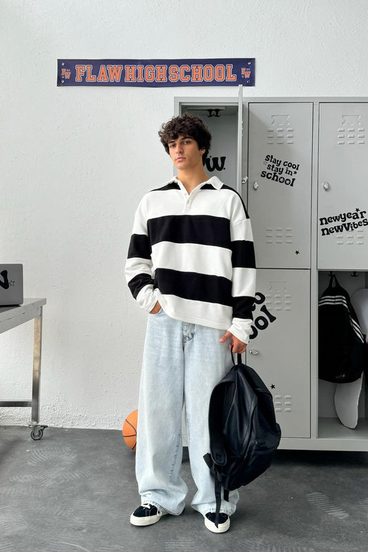 Polo Collar Striped Long Sleeve T-Shirt