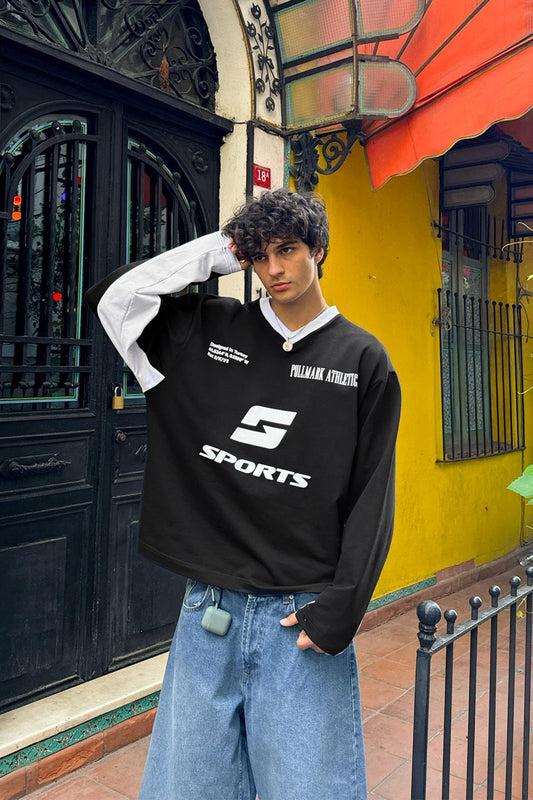 Sports Printed Block Sleeve V-Neck Black Long Sleeve T-Shirt