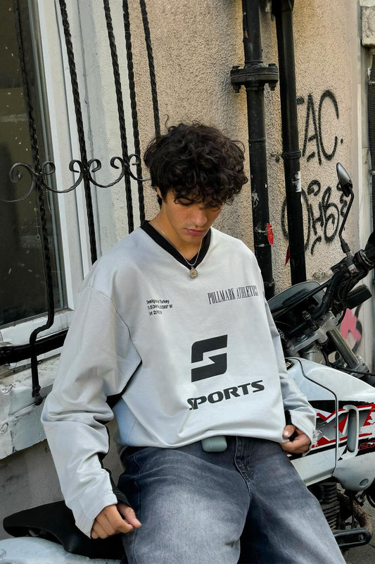 Sports Printed Block Sleeve V Neck Long Sleeve T-Shirt