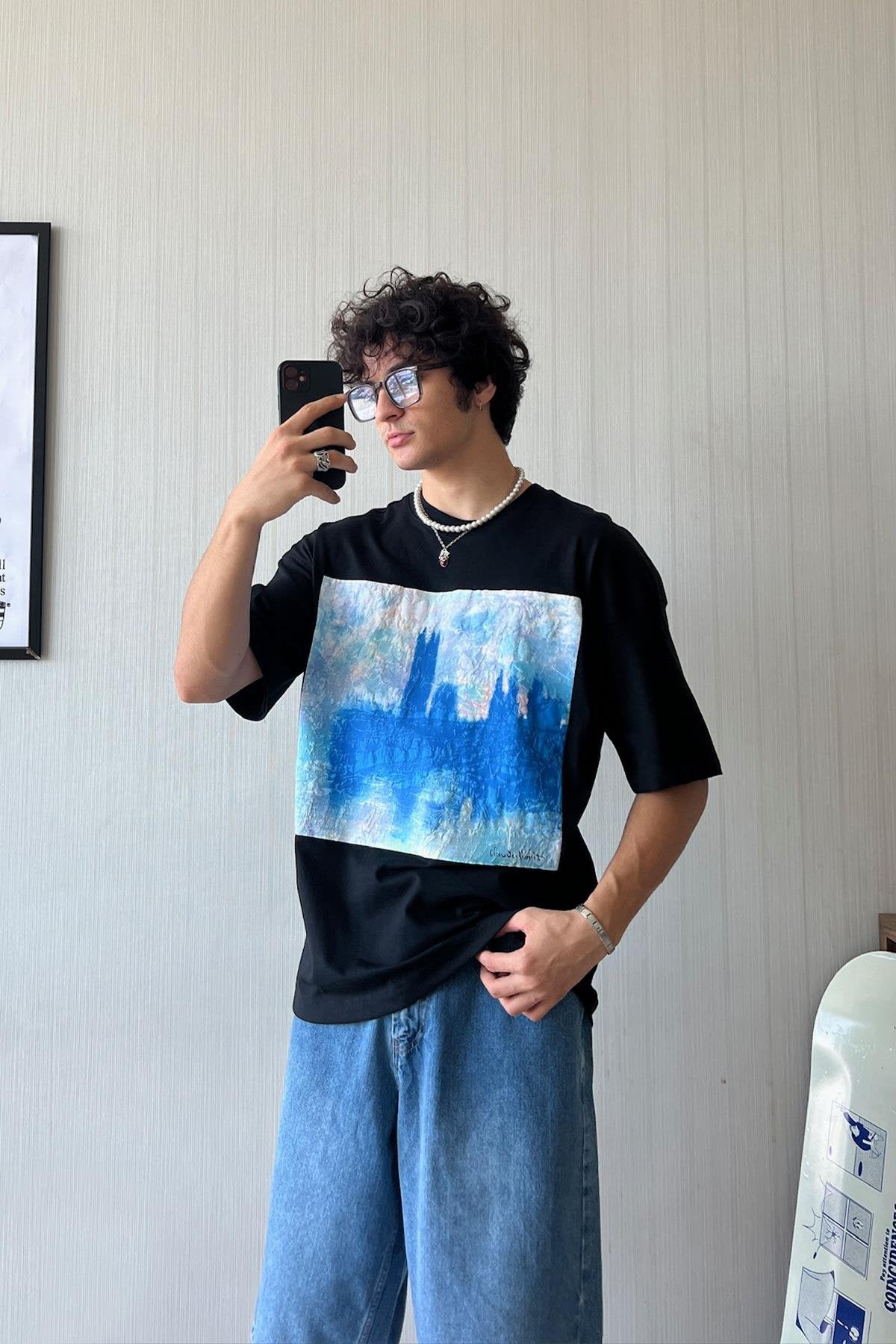 Starry Night Vibe Printed White Oversize T-Shirt