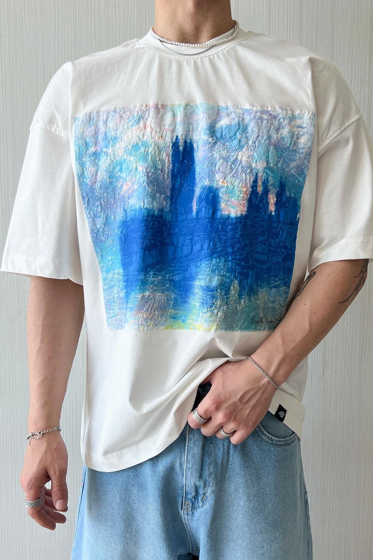 Starry Night Vibe Printed White Oversize T-Shirt