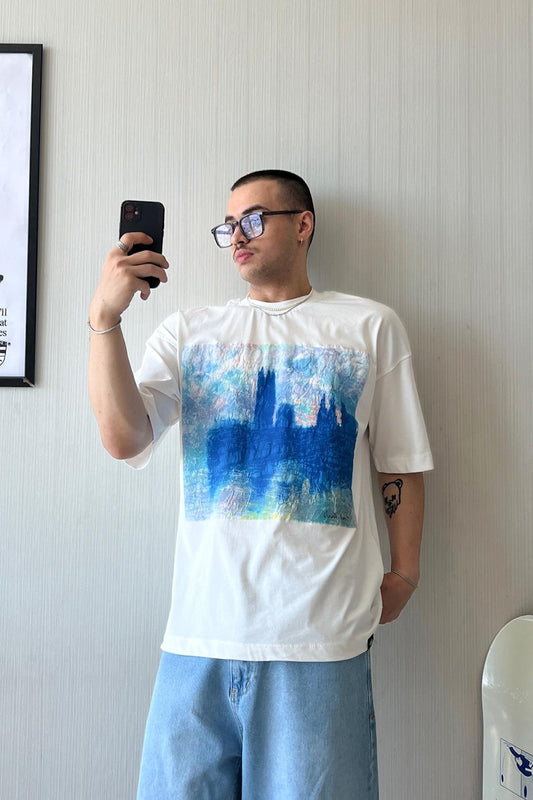 Starry Night Vibe Printed White Oversize T-Shirt